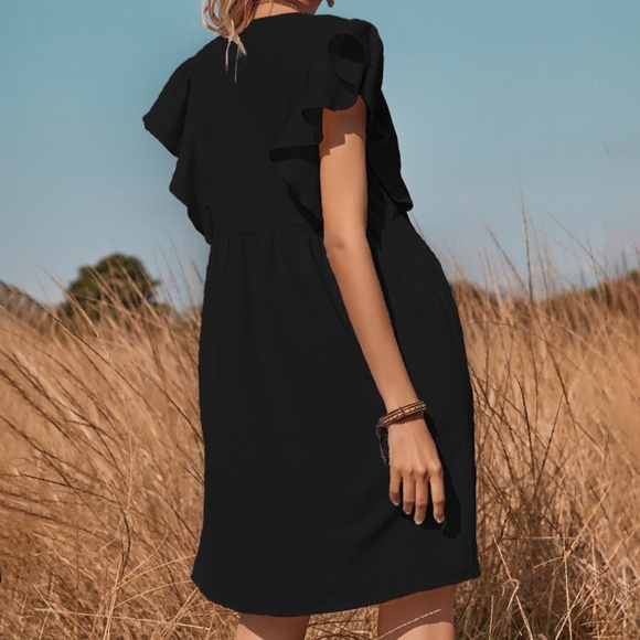 Vneck button boho Butterfly sleeve Black Dress 90s - Picture 4 of 5